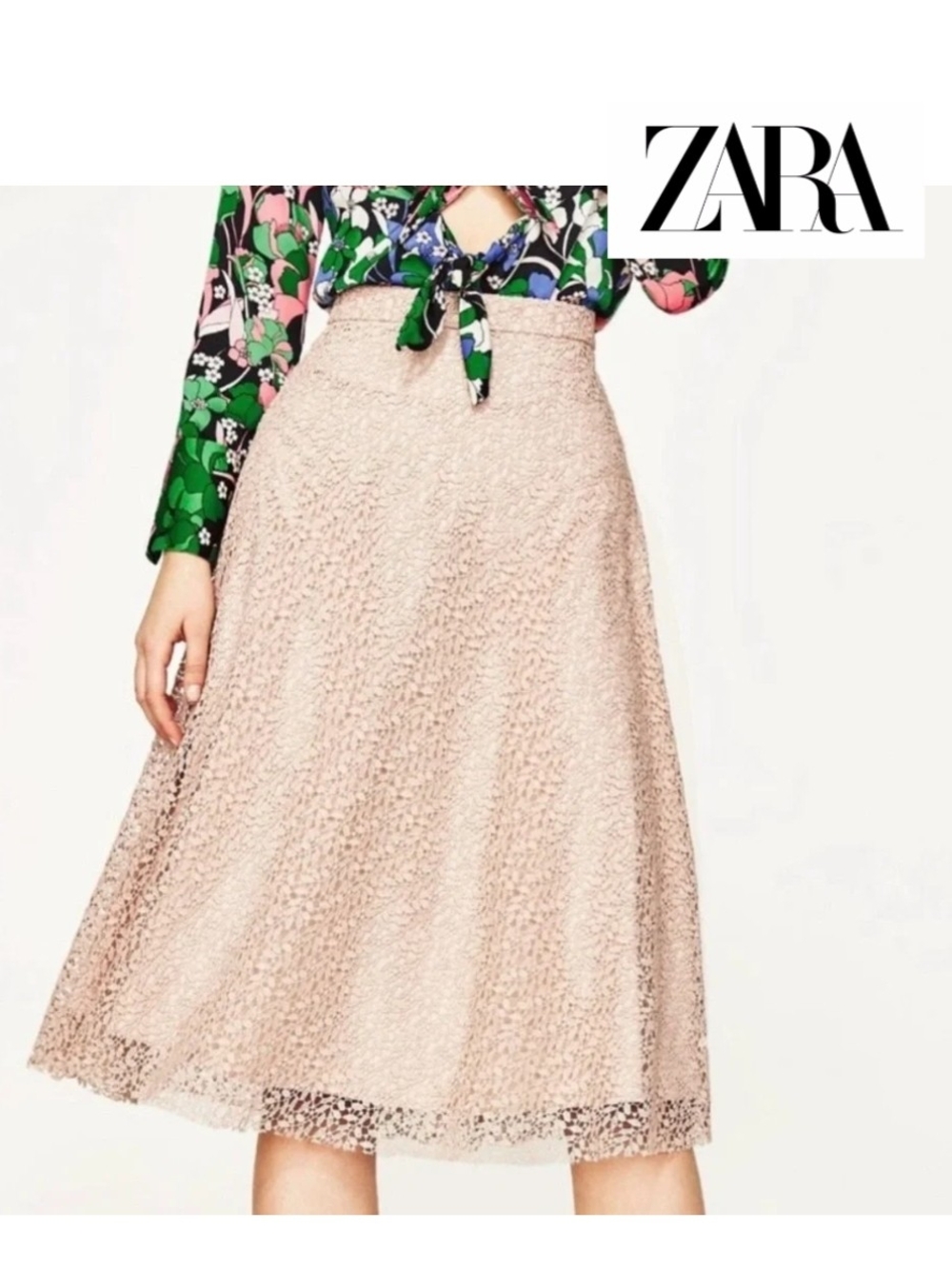 ZARA  Casual Chic Lace A-Line Midi Skirt - Blush Pink Size XS
